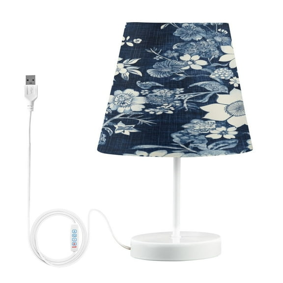 WOBOGO White Vintage Flower in Indigo Blue Table Lamps Bedroom 3-Speed Dimmable Farm Style with Fabric Shade for Reading and Home Office