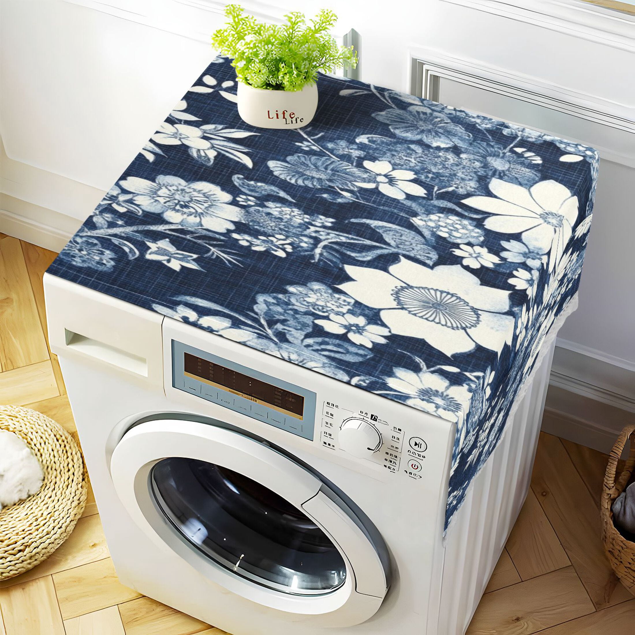 WOBOGO White Vintage Flower in Indigo Blue Washing Machine Cloth Dryer Refrigerator Top Cover Protective Non-Slip Mat For Kitchen Laundry