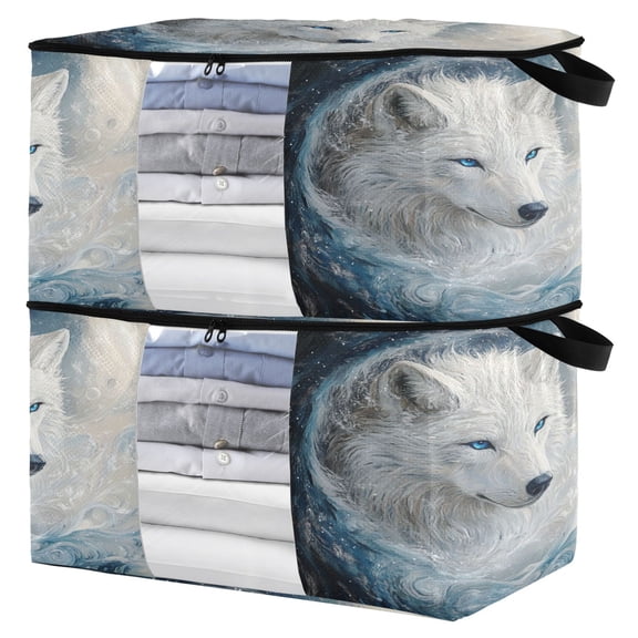 WOBOGO White Wolf with Blue Eyes Clothes Storage 2Pack Foldable Thick Fabric Blanket Organizer Bag with Handle 21.65×13.78×12.4in