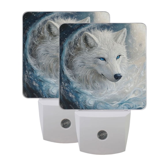 WOBOGO White Wolf with Blue Eyes LED Night Light 2 Pcs Set 0.5 Watt Wall Plug in Dusk to Dawn Automatic Switch Soft White Light