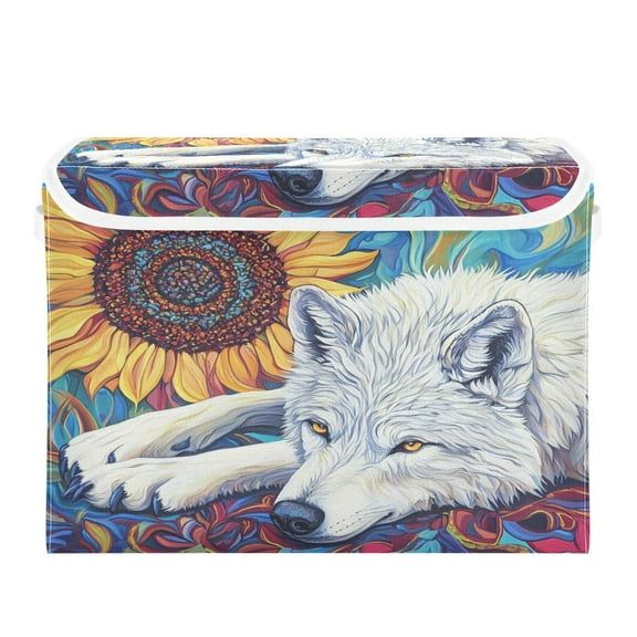 WOBOGO White Wolf with Sunflower Large Collapsible Storage Box Flip Lid Fabric Decorative Organizer Container Basket with Handles 16.512.611.8in