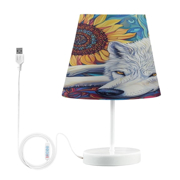 WOBOGO White Wolf with Sunflower Table Lamps Bedroom 3-Speed Dimmable Farm Style with Fabric Shade for Reading and Home Office