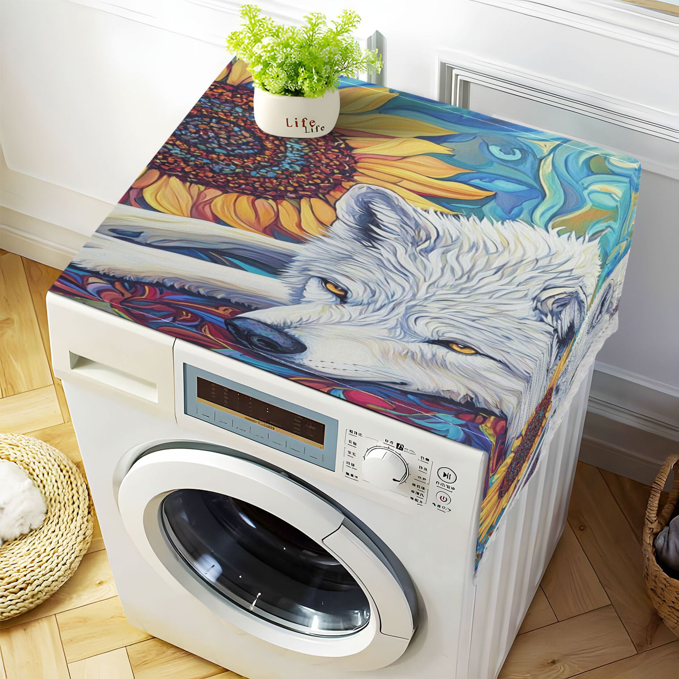 WOBOGO White Wolf with Sunflower Washing Machine Cloth Dryer Refrigerator Top Cover Protective Non-Slip Mat For Kitchen Laundry
