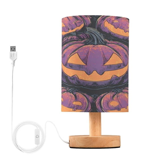 WOBOGO Wicked Pumpkin Bedroom Table Lamp USB Power Connector Wooden Base Round Linen Shade For Living Room Desk