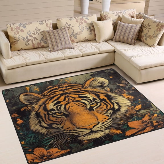 WOBOGO Wildflower Tiger Pattern Carpet Non-Slip Rugs Soft Doormat 63×48in Living Dining Room Bedroom Decorative