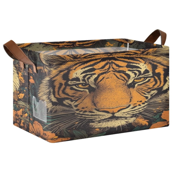 WOBOGO Wildflower Tiger Pattern Storage Basket 16.9×11.4×10in Collapsible Oversized with Metal Iron Frame Set of 1