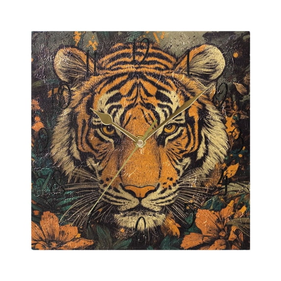 WOBOGO Wildflower Tiger Pattern Wall Clock 7.78 Inch Battery Operated Silent Unit Square Rustic Vintage Style for Home Bedroom Office Gold Pointer