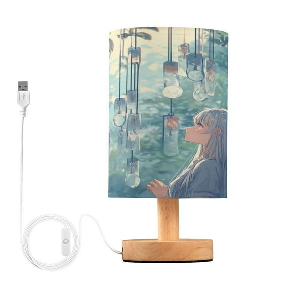 WOBOGO Wind Chimes Lass Bedroom Table Lamp USB Power Connector Wooden Base Round Linen Shade For Living Room Desk