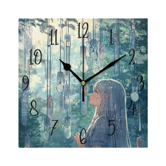 WOBOGO Wind Chimes Lass Wall Clock 7.78 Inch Battery Operated Silent Unit Square Rustic Vintage Style for Home Bedroom Office Black Pointer