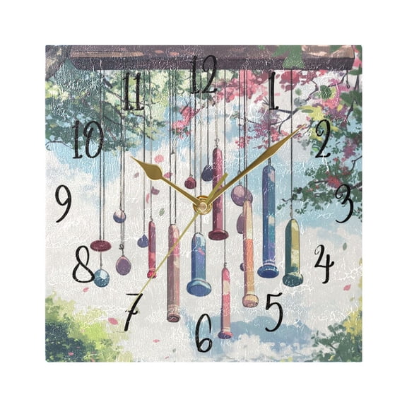 WOBOGO Wind Chimes Wall Clock 7.78 Inch Battery Operated Silent Unit Square Rustic Vintage Style for Home Bedroom Office Gold Pointer