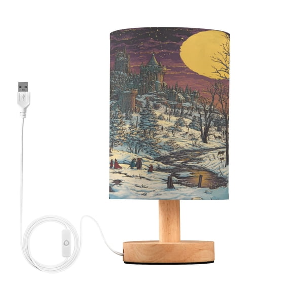 WOBOGO Winter Evening Sunset Bedroom Table Lamp USB Power Connector Wooden Base Round Linen Shade For Living Room Desk