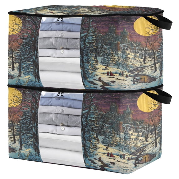 WOBOGO Winter Evening Sunset Clothes Storage 2Pack Foldable Thick Fabric Blanket Organizer Bag with Handle 21.65×13.78×12.4in