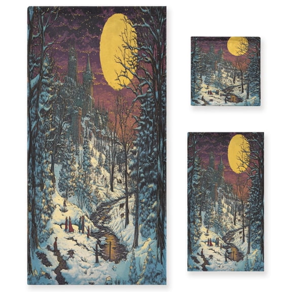 WOBOGO Winter Evening Sunset Ultra Soft 3 Pack Cotton Towel Set Includes 60 x 30in Bath Towel 28 x 16in Face Towel and 13 x 13in Small Square Towel for Everyday Use Lightweight and Compact