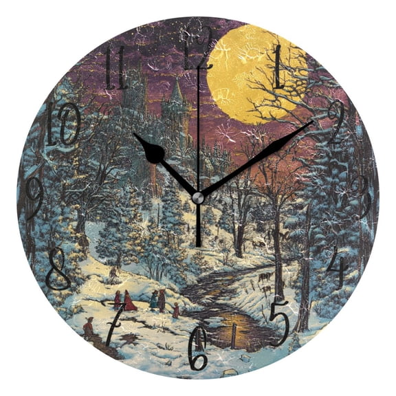 WOBOGO Winter Evening Sunset Wall Clock 10in Silent Mechanism Battery Operated Retro Style for Living Room Bedroom and Kitchen Black Pointer