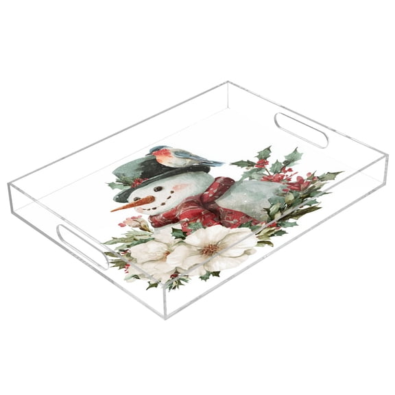 WOBOGO Winter Snowman Acrylic Serving Trays 15.7x11.8 Inch Spill Proof Clear Decorative Organizer with Handle