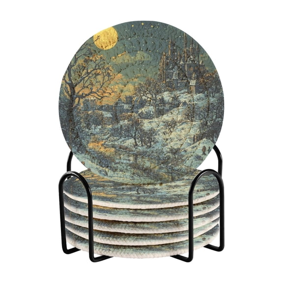 WOBOGO Winter Village Scene Coil Coasters Set of 6 Minimalist Cotton Woven 3.94 inch Non-Slip Insulated and Absorbent Home Accessories.