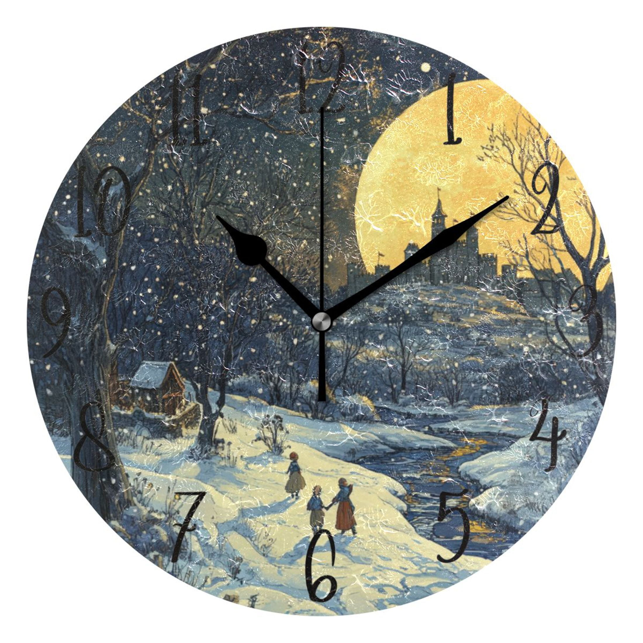 Clock Sencery WOBOGO Winter Village Scenery Wall Clock 10in Silent Mechanism Battery ...