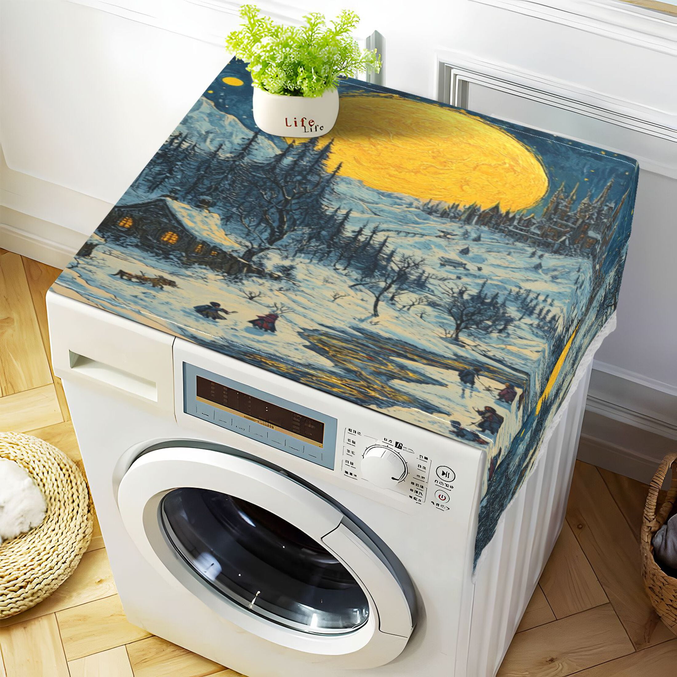 WOBOGO Winter Village View Washing Machine Cloth Dryer Refrigerator Top Cover Protective Non-Slip Mat For Kitchen Laundry