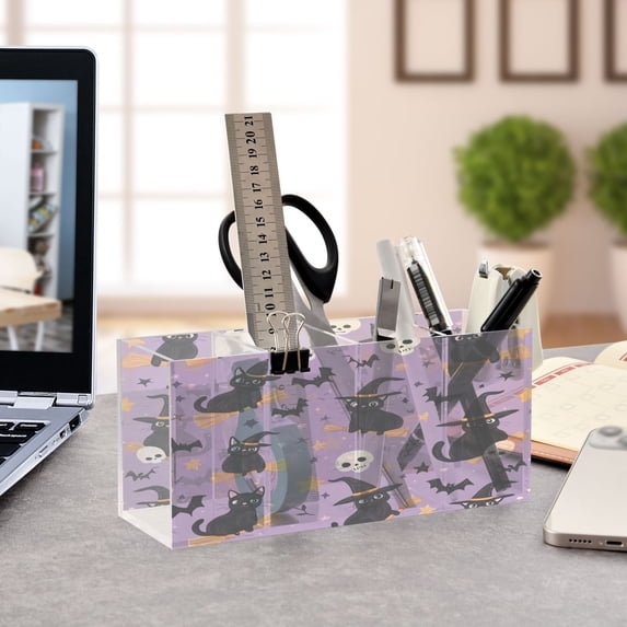 WOBOGO Witch Hat Cat Purple Pattern Acrylic Pen Holder 4 Compartments Clear Pencil Organizer Makeup Brush Storage Case
