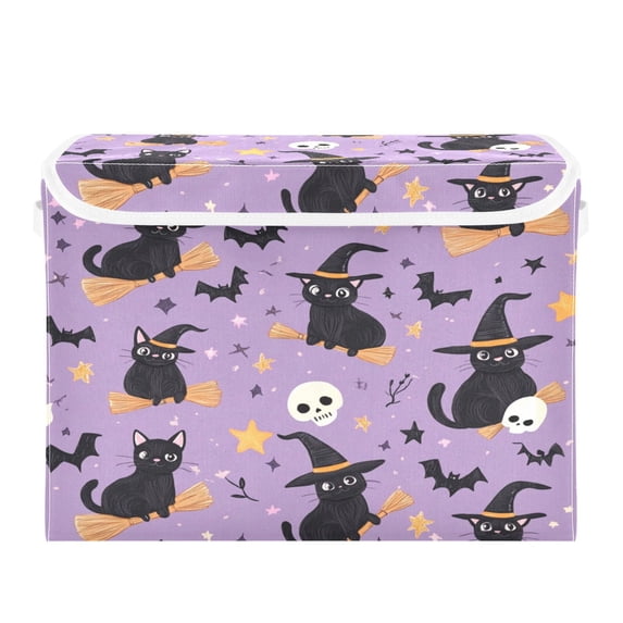 WOBOGO Witch Hat Cat Purple Pattern Large Collapsible Storage Box Flip Lid Fabric Decorative Organizer Container Basket with Handles 16.5×12.6×11.8in