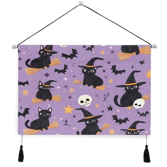 WOBOGO Witch Hat Cat Purple Pattern Living Room Canvas Wall Art Bedroom Study Framed Canvas Print Artwork Home Office Decorations 24.516.7in