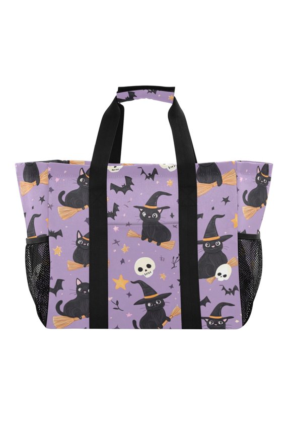 Witch Hat Cat Purple Pattern Tote Shopping Bag Reusable Heavy Duty Durable Foldable Washable 15.412.89.8in