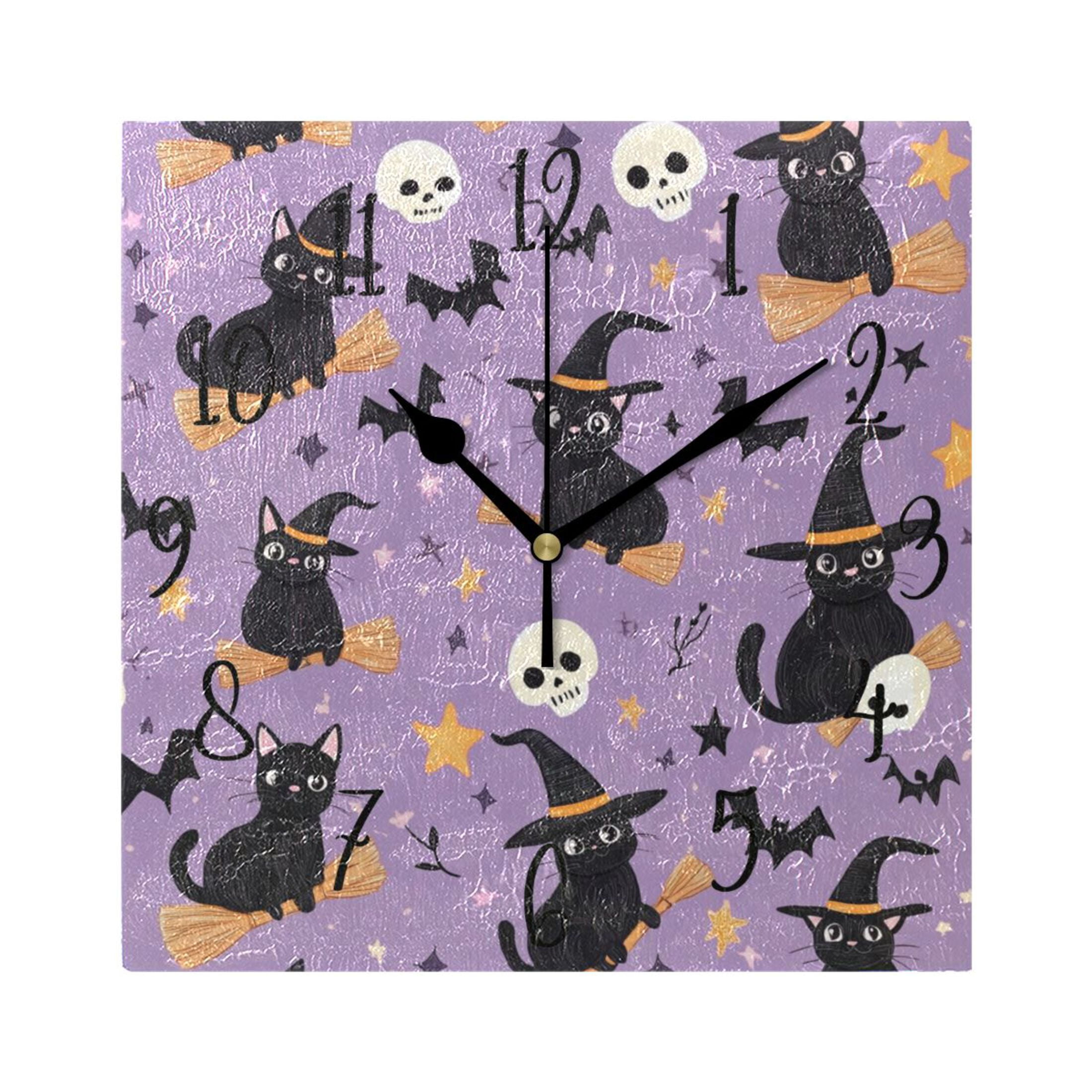 WOBOGO Witch Hat Cat Purple Pattern Wall Clock 7.78 Inch Battery ...