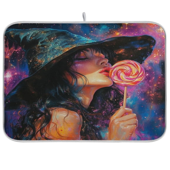 WOBOGO Witch Lollipop Kitchen Drying Mat Heat Resistant Drainage with Non-Slip Rubber Backing Hides Stains Super Absorbent Easy to Clean 16×18in