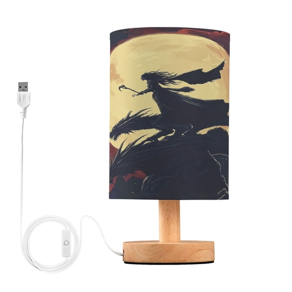 WOBOGO Witch and Black Dragons Bedroom Table Lamp USB Power Connector Wooden Base Round Linen Shade For Living Room Desk