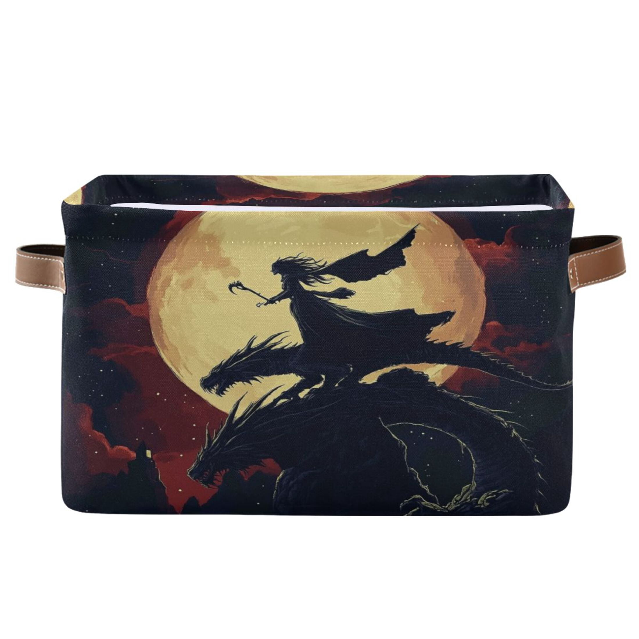 WOBOGO Witch and Black Dragons Square Storage Basket with Waterproof Canvas and PE Lining Durable PU Leather Handles 14.2×10.2×8.3in