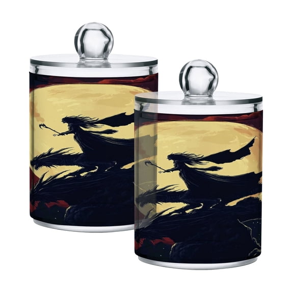 WOBOGO Witch and Black Dragons Transparent Plastic Jar 2pcs Cotton Swabs Balls Pads Floss Stick Dispenser Bathroom Vanity Storage Organizer