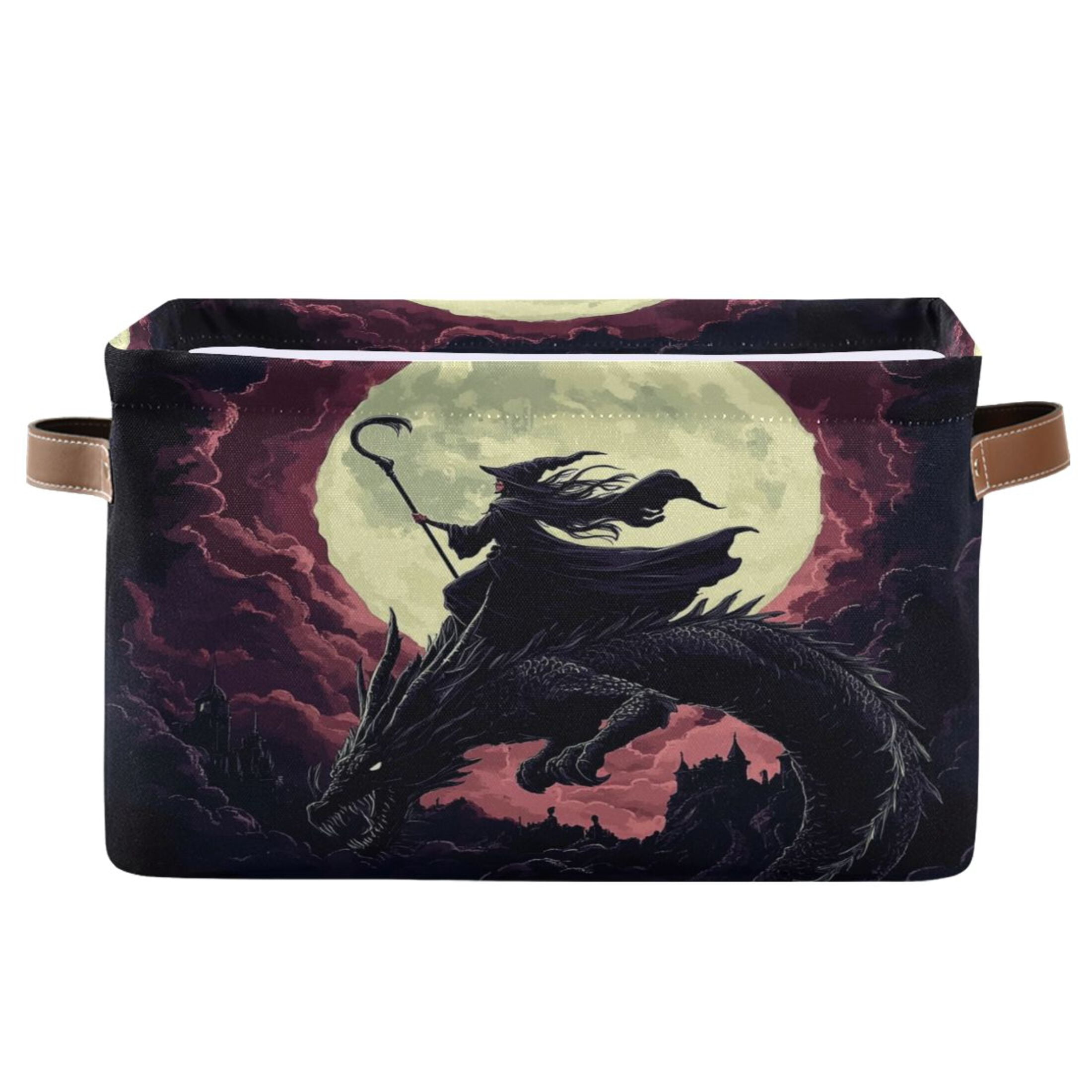 WOBOGO Witches and Black Dragon Square Storage Basket with Waterproof Canvas and PE Lining Durable PU Leather Handles 14.2×10.2×8.3in