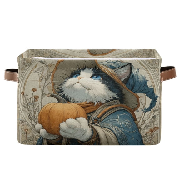 WOBOGO Wizard Cat Square Storage Basket with Waterproof Canvas and PE Lining Durable PU Leather Handles 14.2×10.2×8.3in