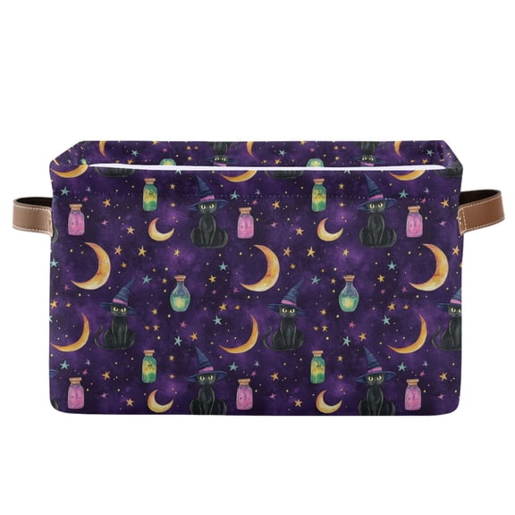 WOBOGO Wizard Hat Kitten Square Storage Basket with Waterproof Canvas and PE Lining Durable PU Leather Handles 14.2×10.2×8.3in