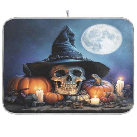 WOBOGO Wizard Hat Skull Kitchen Drying Mat Heat Resistant Drainage with Non-Slip Rubber Backing Hides Stains Super Absorbent Easy to Clean 16×18in