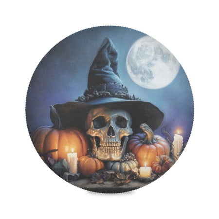 WOBOGO Wizard Hat Skull Round Placemats Set of 1 Heat Resistant Washable Kitchen Table Decorations 15.4in