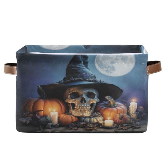 WOBOGO Wizard Hat Skull Square Storage Basket with Waterproof Canvas and PE Lining Durable PU Leather Handles 14.2×10.2×8.3in