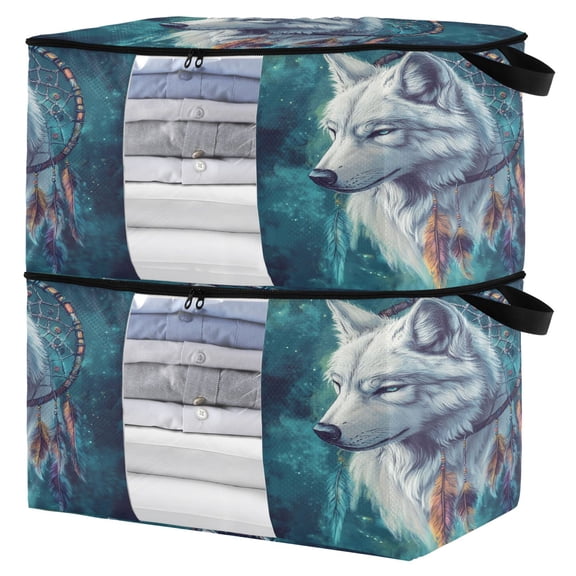 WOBOGO Wolf King Dreamcatcher Clothes Storage 2Pack Foldable Thick Fabric Blanket Organizer Bag with Handle 21.65×13.78×12.4in