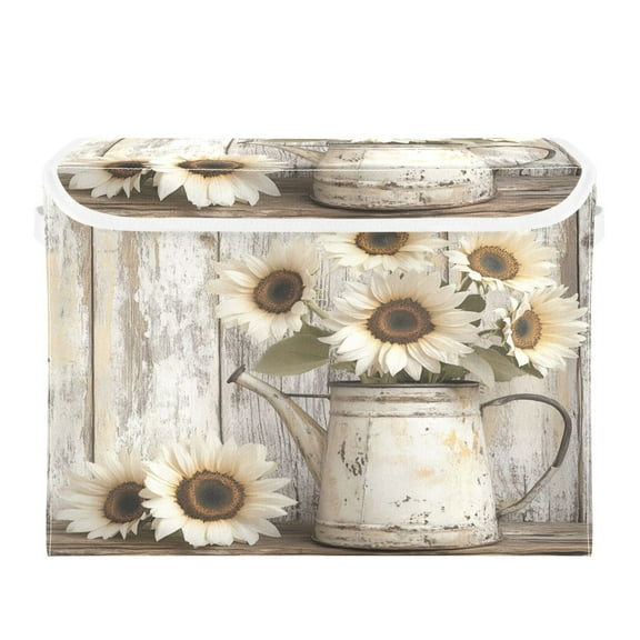WOBOGO Wooden White Sunflower Large Collapsible Storage Box Flip Lid Fabric Decorative Organizer Container Basket with Handles 16.512.611.8in