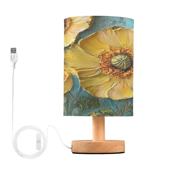 WOBOGO Yellow Flowers Pattern Bedroom Table Lamp USB Power Connector Wooden Base Round Linen Shade For Living Room Desk