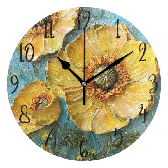 WOBOGO Yellow Flowers Pattern Wall Clock 10in Silent Mechanism Battery Operated Retro Style for Living Room Bedroom and Kitchen Black Pointer