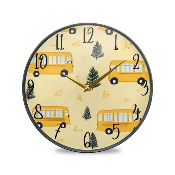WOBOGO Yellow Kindergarten School Bus Pattern Acrylic Wall Clock Battery Operated 9.5in Silent No Tick Bedroom Living Room Office Classroom Decoration
