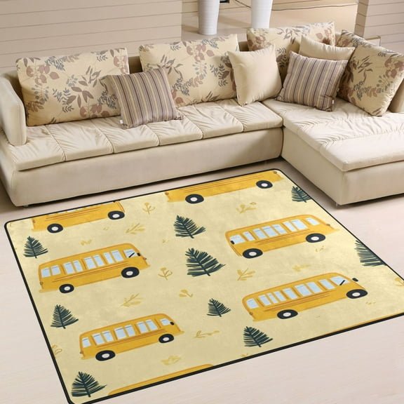 WOBOGO Yellow Kindergarten School Bus Pattern Carpet Non-Slip Rugs Soft Doormat 63×48in Living Dining Room Bedroom Decorative