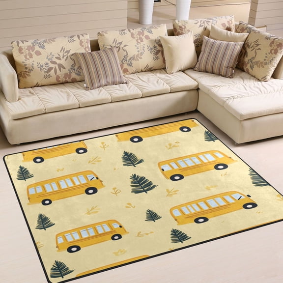 WOBOGO Yellow Kindergarten School Bus Pattern Carpet Non-Slip Rugs Soft Doormat 80×58in Living Dining Room Bedroom Decorative