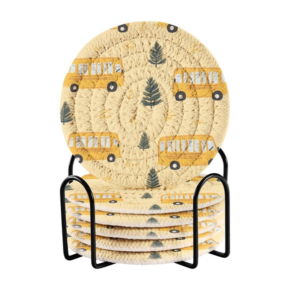 WOBOGO Yellow Kindergarten School Bus Pattern Coil Coasters Set of 6 Minimalist Cotton Woven 3.94 inch Non-Slip Insulated and Absorbent Home Accessories.