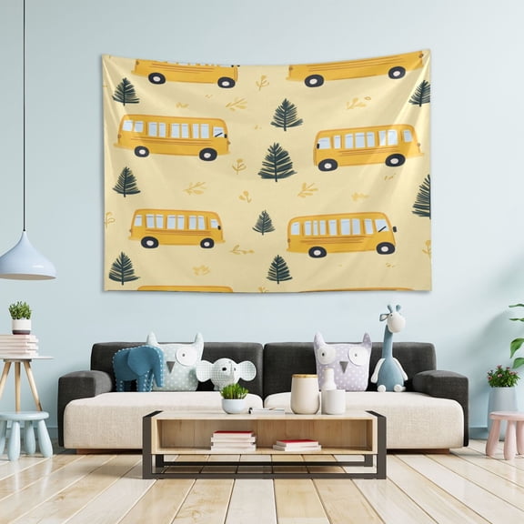 WOBOGO Yellow Kindergarten School Bus Pattern Tapestry 60×51in Home Living Room Bedroom Wall Hanging Ornaments