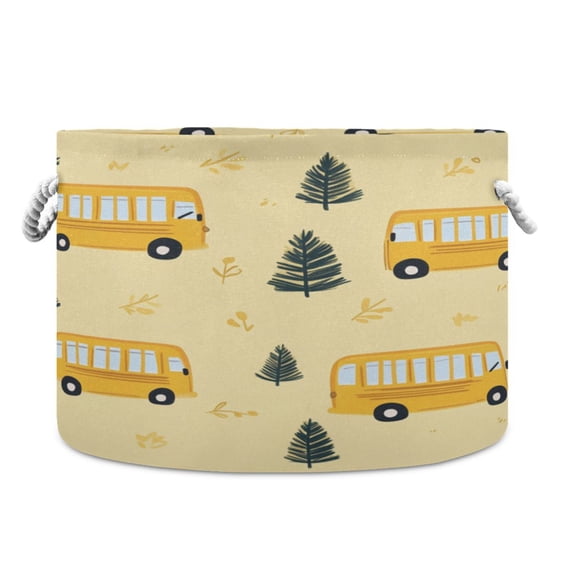 WOBOGO Yellow Kindergarten School Bus Pattern Toy Storage Basket 2014in Canvas Laundry Hamper for Living Room Kids Room Bathroom Organizer