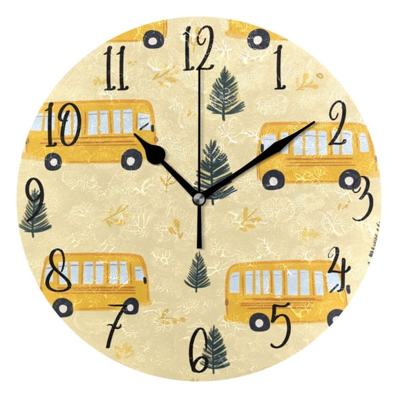 WOBOGO Yellow Kindergarten School Bus Pattern Wall Clock 10in Silent Mechanism Battery Operated Retro Style for Living Room Bedroom and Kitchen Black Pointer
