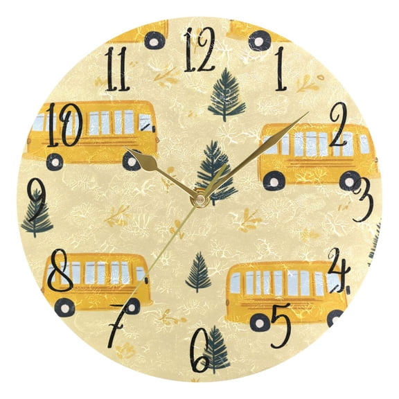 WOBOGO Yellow Kindergarten School Bus Pattern Wall Clock 10in Silent Mechanism Battery Operated Retro Style for Living Room Bedroom and Kitchen Gold Pointer