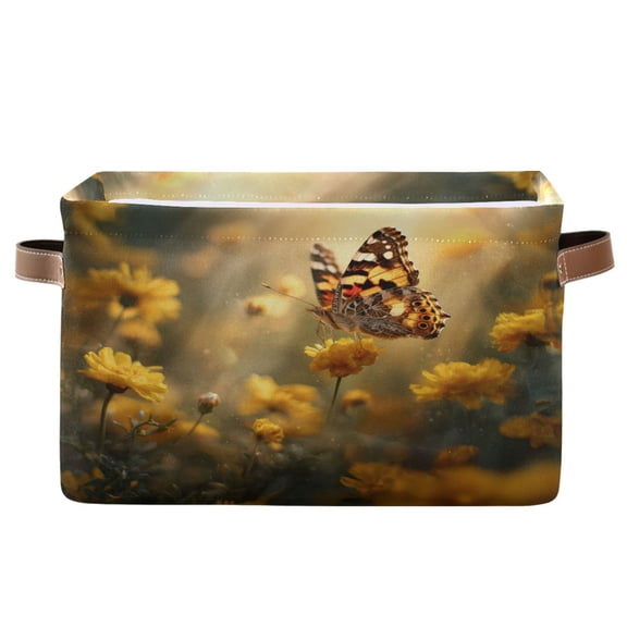 WOBOGO Yellow Spot Butterfly Square Storage Basket with Waterproof Canvas and PE Lining Durable PU Leather Handles 14.2×10.2×8.3in